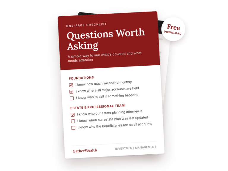 Preview of a GatherWealth Investment Management one-page checklist titled Questions Worth Asking, with a Free Download badge
